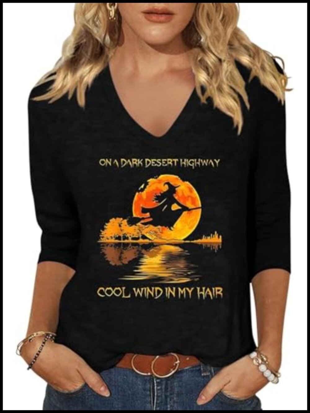 Women's Fall Halloween V Neck 3/4 Sleeve Pumpkin Graphic Tee Cotton Blend Shirt